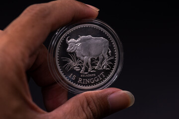 15 malaysian ringgit hand holds a 15 ringgit coin with a seladang bull symbolizing malaysian currency.