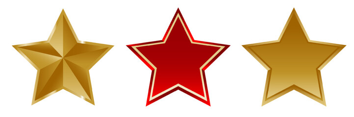 Obraz premium Three bright five-pointed stars on a white background in gold and red colors. Stars are used to indicate achievements, awards, ratings, success, or as decorative elements
