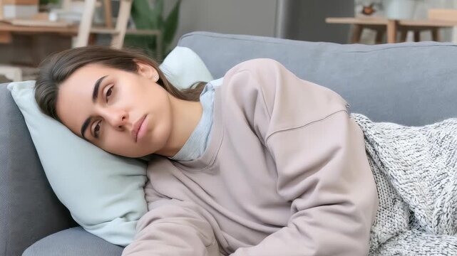 Young woman relaxes on cozy couch feeling tired after long day