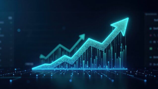 Un panel de an&aacute;lisis de startups proyecta audaces flechas de crecimiento del mercado, m&eacute;tricas de innovaci&oacute;n que brillan intensamente, reflejando creatividad y un impulso imparable