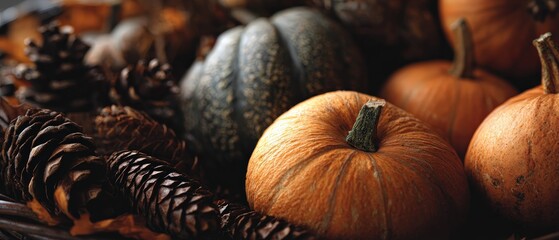 Rustic Autumn Still Life with Pumpkins and Pine Cones in Wicker Basket, Celebrating Thanksgiving and Fall Harvest Season