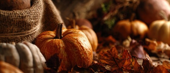 Rustic Autumn Still Life with Pumpkins and Fall Leaves in Warm Light, Thanksgiving and Harvest Season Concept