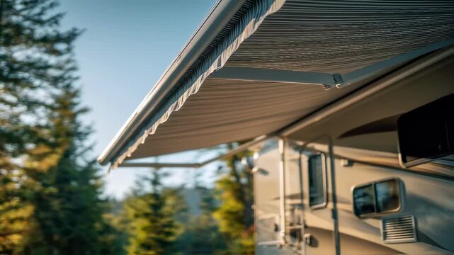 Retractable RV awning fabric unrolling in a medium shot emphasizing the texture and structure while the rest of the RV fades softly out of focus.