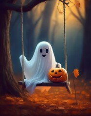 Cute ghost on a swing in autumn forest with glowing jack-o’-lantern, magical Halloween night atmosphere with pumpkins and falling leaves.