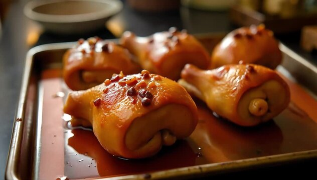 Golden confit de canard duck legs slow cooked and crisped to perfection on baking tray 