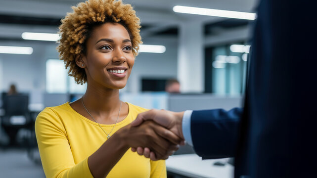 Professional woman shaking hands with a manager in a modern office, symbolizing hiring, job offer, agreement, trust, and successful partnership.