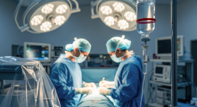 Surgeons performing operation in modern theater