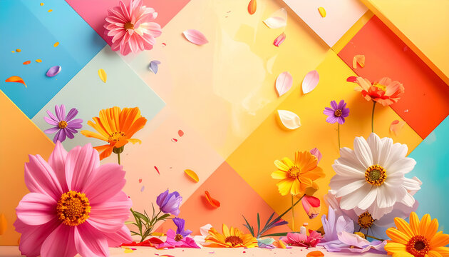 幾何学模様とカラフルな夏の花が広がる華やかな背景
