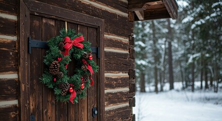Rustic Log Cabin Door with Christmas Wreath in Snowy Forest.