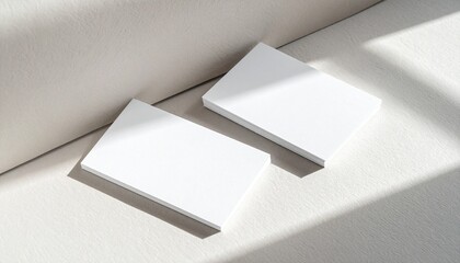 Close-up view of two blank white business cards on a white surface with natural light and shadows.