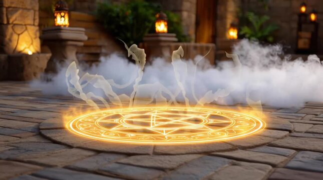 Halloween magic decor glowing pentagram circle with mystical smoke and symbols on stone floor creating mysterious atmosphere for celebration