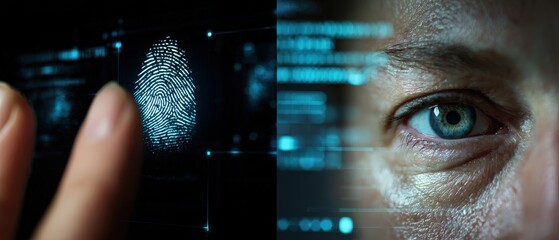 Adult mans eye with digital data overlay and fingerprint scan for biometric identification and security Concept of cybersecurity, technology, and personal data protection