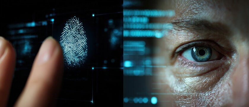Adult mans eye with digital data overlay and fingerprint scan for biometric identification and security Concept of cybersecurity, technology, and personal data protection