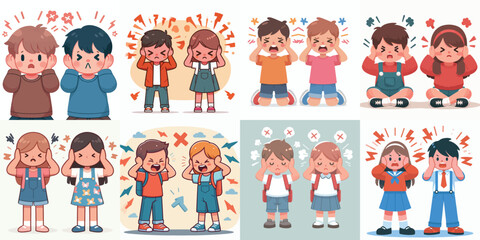 Children cover their ears due to teasing. Vector, illustration, icon set