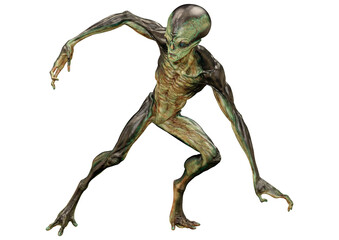 3D Rendering Green Alien on White