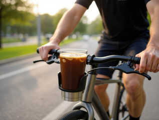 Obraz premium A man rides a bike with a glass of iced coffee in a handlebar cup holder at sunset.