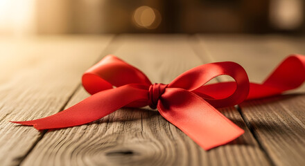 Red Ribbon Bow on Rustic Wooden Surface with Warm Bokeh Background Light
