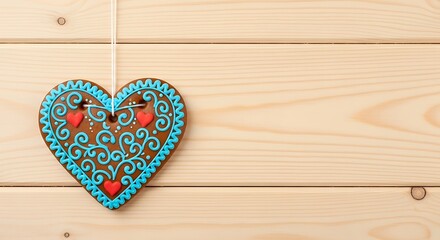Heart-shaped gingerbread cookie hanging on a light beige wooden background.
