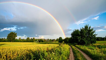 Fototapeta premium A vibrant double rainbow arches over a rural landscape with fields, trees, a path and a stormy sky
