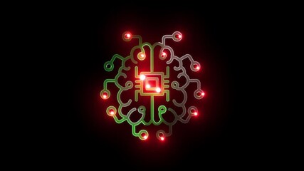 Futuristic A I brain circuit glowing with red and green lights on black background abstract technology concept digital network connection artificial intelligence neural network data processing - Powered by Adobe