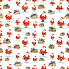 Santa claus and gifts festive watercolor christmas seamless pattern, hand drawn illustration.