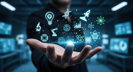A human hand displays various illuminated digital icons representing science, research, and future technology.