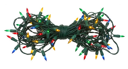 A tangled string of colorful christmas lights with green wire and multi colored bulbs isolated on transparent background