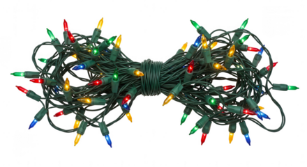 A tangled string of colorful christmas lights with green wire and multi colored bulbs isolated on transparent background