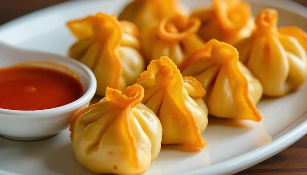 Golden fried crab rangoon dumplings arranged neatly on plate with sweet chili dipping sauce 
