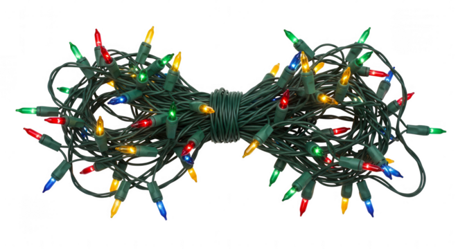 A tangled string of colorful christmas lights with green wire and multi colored bulbs isolated on transparent background