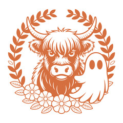 Highland Cow With Ghost Halloween Illustration