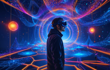 Man in futuristic VR headset immersed in vibrant digital virtual world. Immersive technology, cyber, gaming, exploration, future concept.