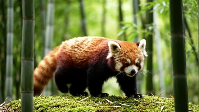 Majestic Red Panda Walking Gracefully Through a Vibrant Green Bamboo Forest Captivating Wildlife Footage of an Endangered Species in its Natural Asian Habitat
