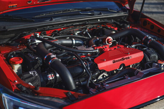 Red Grimmspeed Subaru wrx engine parts in Beaufort, South Carolina, September 13, 2025