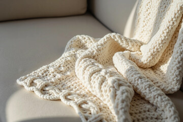 Neatly folded knitted blanket placed indoors, symbolizing warmth, comfort, coziness, and minimalist home decor
