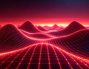 Futuristic landscape with glowing red grid