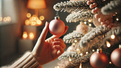 A person's hand hangs a delicate pink ornament on a festive Christmas tree.