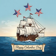 Columbus Day Celebration with a Ship and American Flag Stars in the Sky