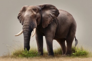 African Elephant in Grassy Field with Muted Background
