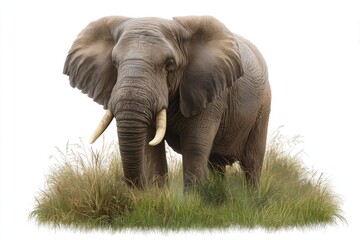 Obraz premium African Elephant Standing in Tall Grass on White Background