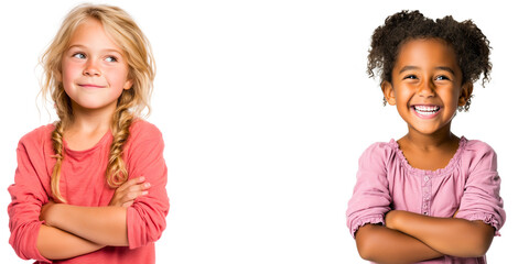 2 cute curious, happy 6-7 years old caucasian and african american or spanish ethnicity girls isolated over white (transparent) background