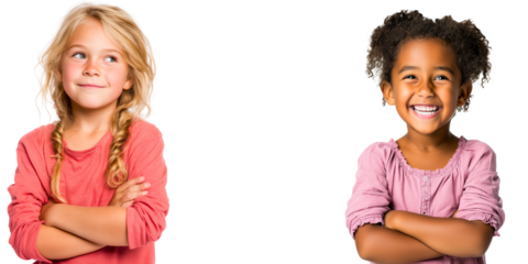 2 cute curious, happy 6-7 years old caucasian and african american or spanish ethnicity girls isolated over white (transparent) background