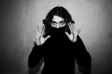 Person with curly hair covering face in dark clothing, giving an intriguing expression, set against a plain background, emphasizing mystery and secrecy