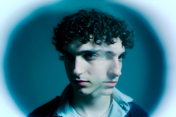 Young person with curly hair and an intense gaze captured in a creative blurred effect showcasing duality in expression during a studio photoshoot