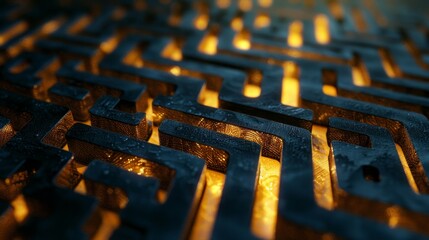 Futuristic 3d abstract maze with golden path illuminating strategic choices against dark backdrop