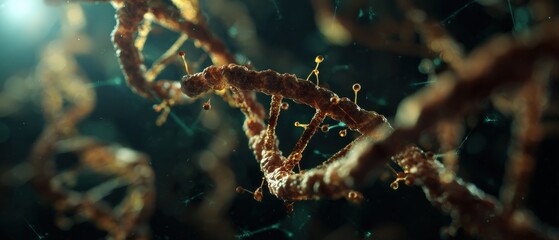 Detailed DNA strand with virus particles, showcasing genetic research and medical innovation in a microscopic view Concept of science, medicine, and healthcare