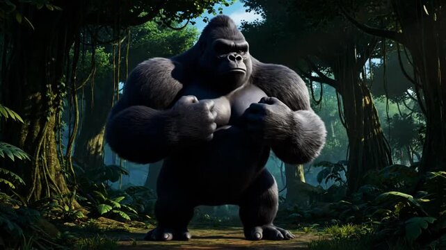 Powerful Animated Gorilla Silverback Flexing Muscles in Lush Green Jungle Majestic Primate Stands Tall in Dense Tropical Rainforest Scene Dynamic Wild Animal CG