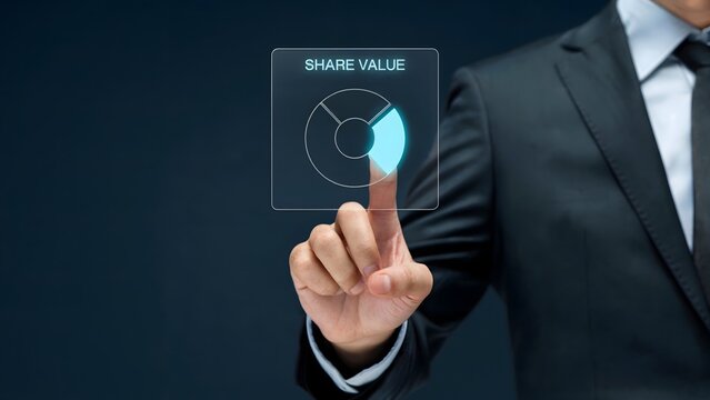 Share Value Analysis: A businessman meticulously analyzes share value, as a financial professional navigates the complexities of the stock market