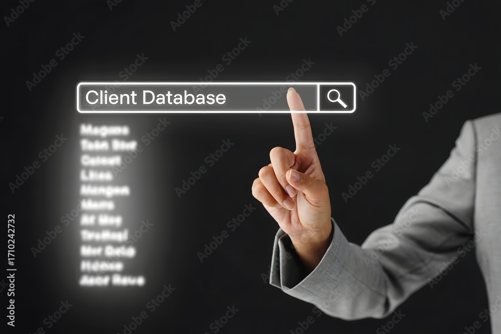 Wall mural client database interaction: a person interacts with a digital interface, selecting a database entry