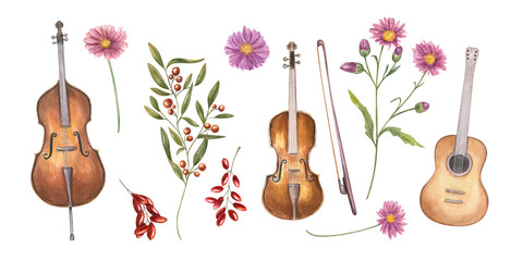 Musical set with contrabass, guitar, violin and autumn plants watercolor illustration clip art on isolated background. Hand painted music instruments, flowers, berries for jazz festival poster, design © Masha_tolk_art